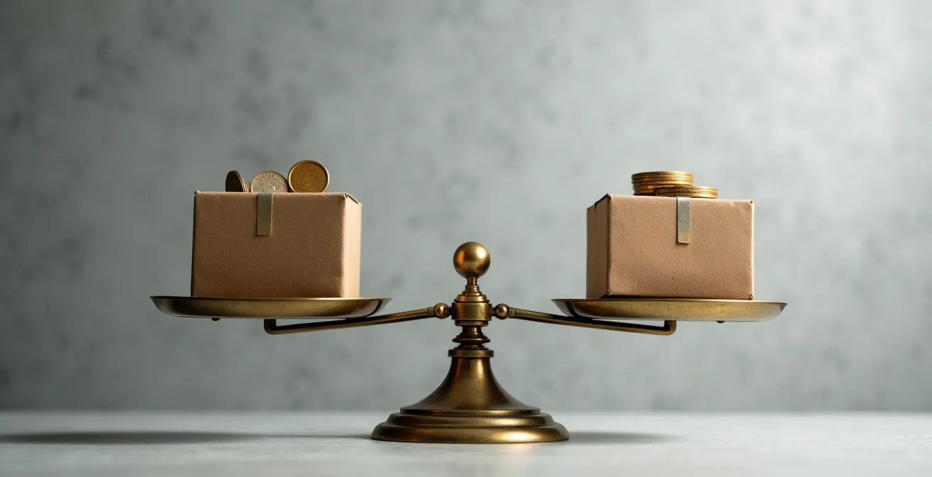 Composition minimaliste évoquant l'équilibre financier avec objets symboliques