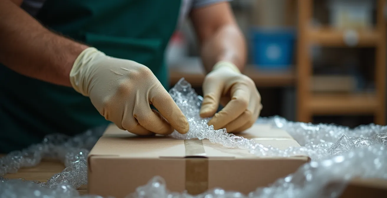 Mains expertes manipulant délicatement un objet emballé dans du papier bulle, symbolisant le soin apporté